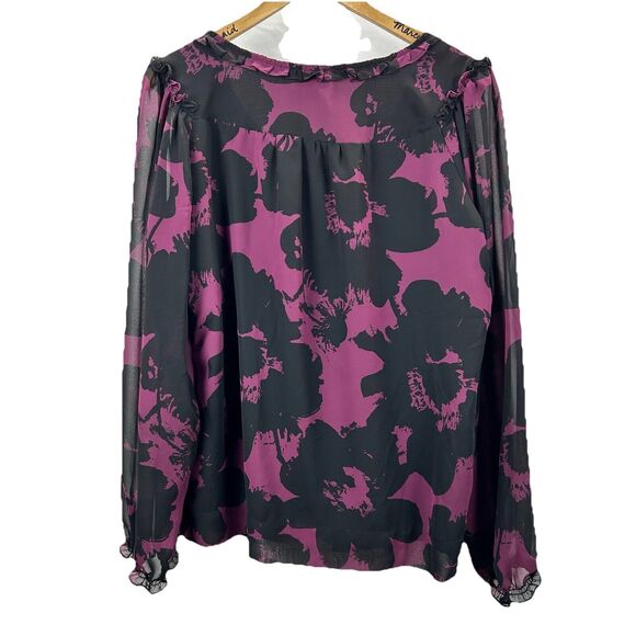 a.n.a. Floral Tunic Top XL Black Purple Blouse Keyhole Shirt Sheer Sleeve - Picture 8 of 10